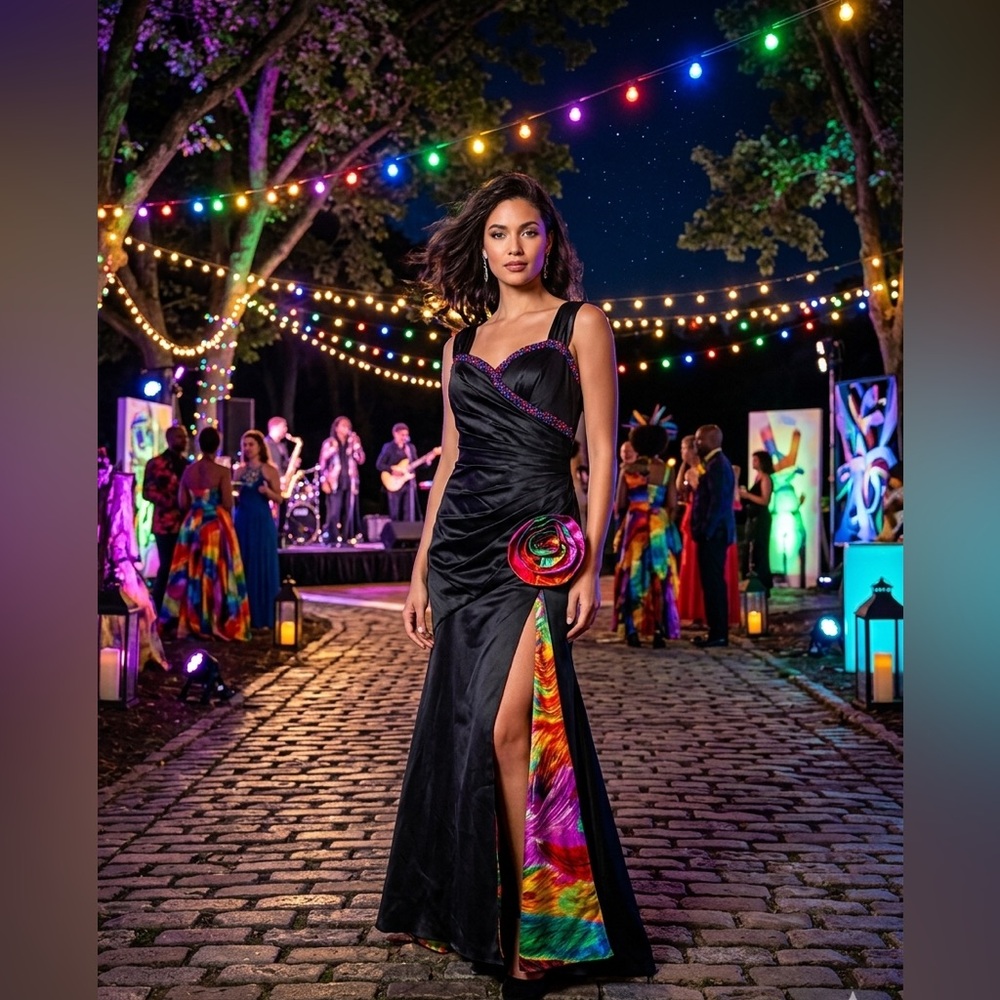 Black Maxi Evening Dress with Colorful Accent